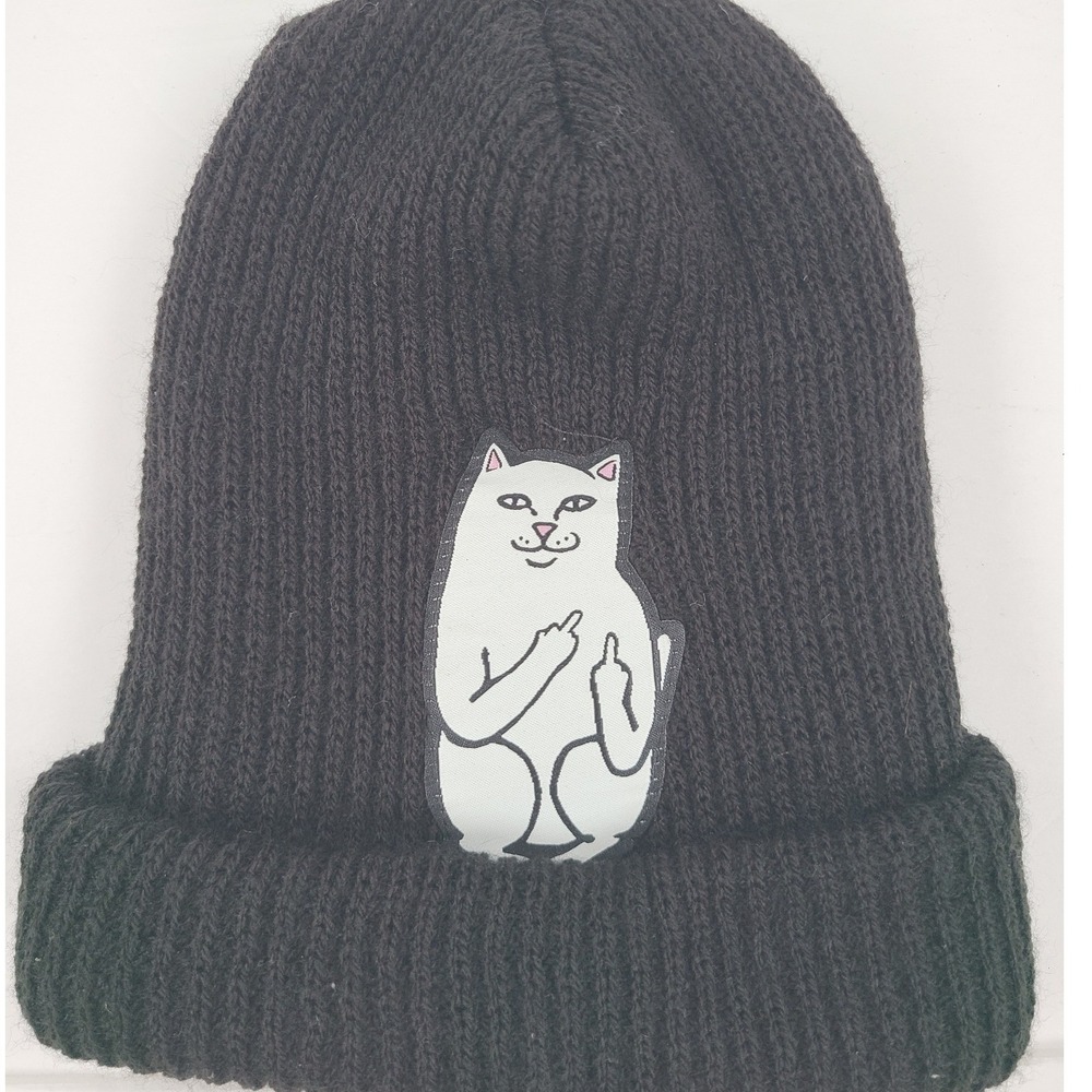 Ripndip Lord Nermal Black Ribbed Knit Beanie Hat Middle Finger Cat Graphic Cap